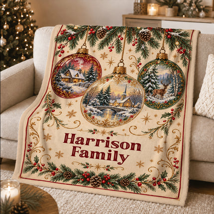 Personalized Christmas Fleece Blanket Vintage Winter Ornaments Family Name