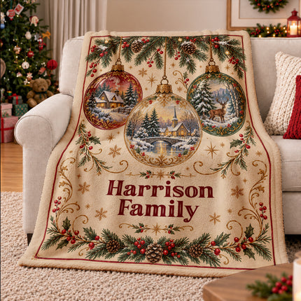 Personalized Christmas Fleece Blanket Vintage Winter Ornaments Family Name