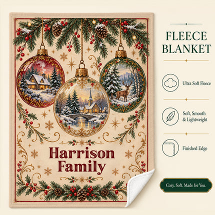 Personalized Christmas Fleece Blanket Vintage Winter Ornaments Family Name