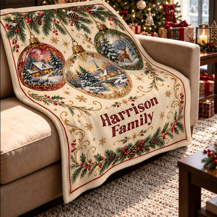 Personalized Christmas Fleece Blanket Vintage Winter Ornaments Family Name