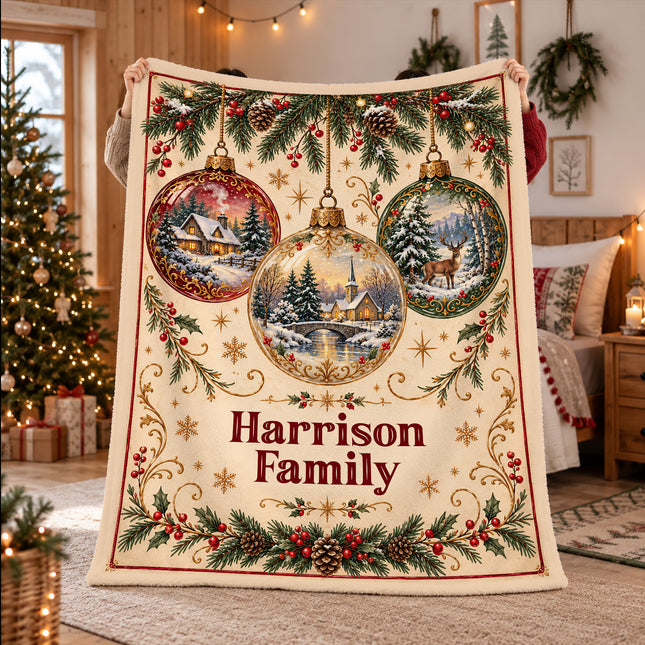 Personalized Christmas Fleece Blanket Vintage Winter Ornaments Family Name