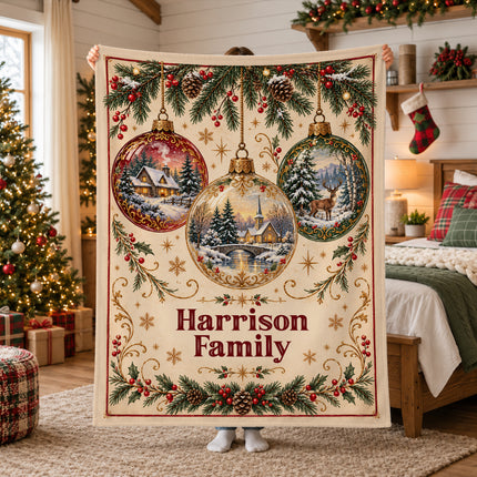 Personalized Christmas Fleece Blanket Vintage Winter Ornaments Family Name