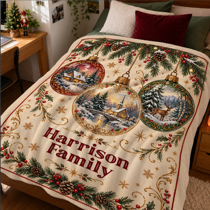 Personalized Christmas Fleece Blanket Vintage Winter Ornaments Family Name