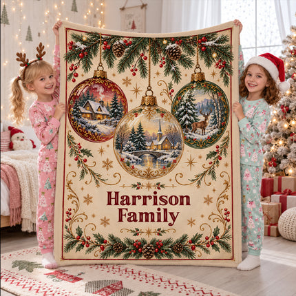 Personalized Christmas Fleece Blanket Vintage Winter Ornaments Family Name