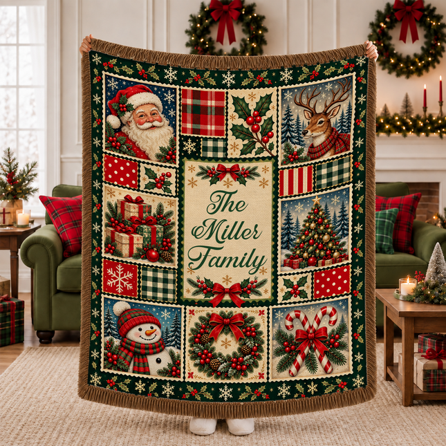 Personalized Christmas Woven Throw Blanket Vintage Patchwork Family Name