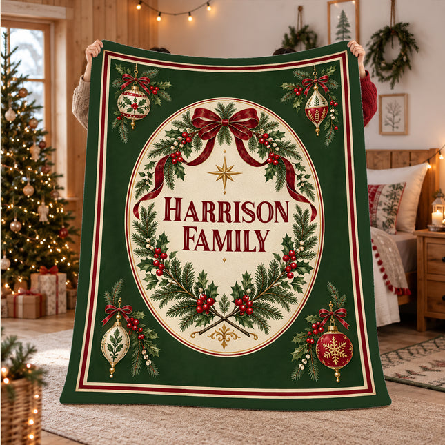 Personalized Christmas Fleece Blanket Family Name Holly Wreath Vintage Ornaments