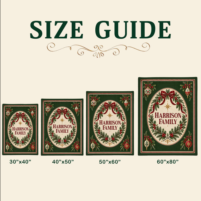Personalized Christmas Fleece Blanket Family Name Holly Wreath Vintage Ornaments