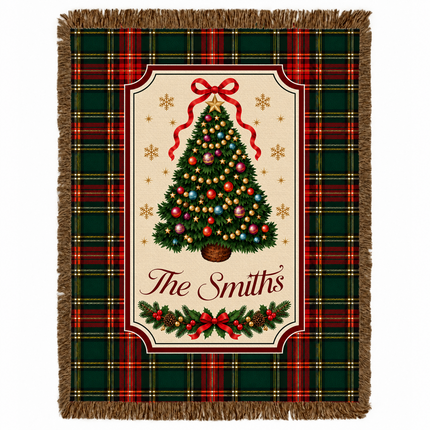 Personalized Christmas Tree Woven Throw Blanket Custom Family Name Tartan Plaid