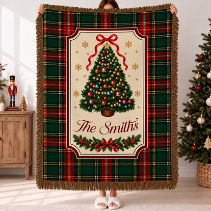 Personalized Christmas Tree Woven Throw Blanket Custom Family Name Tartan Plaid