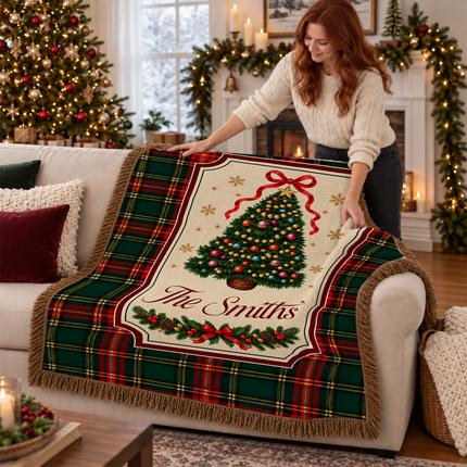 Personalized Christmas Tree Woven Throw Blanket Custom Family Name Tartan Plaid