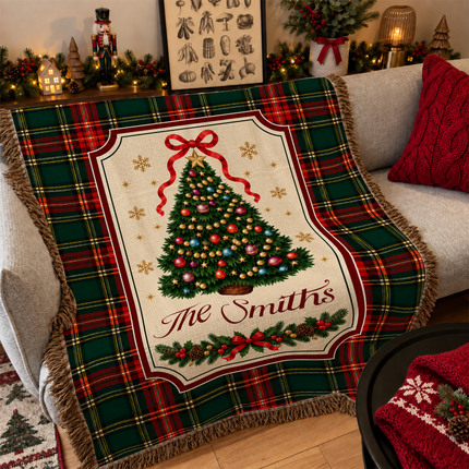 Personalized Christmas Tree Woven Throw Blanket Custom Family Name Tartan Plaid