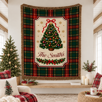 Personalized Christmas Tree Woven Throw Blanket Custom Family Name Tartan Plaid
