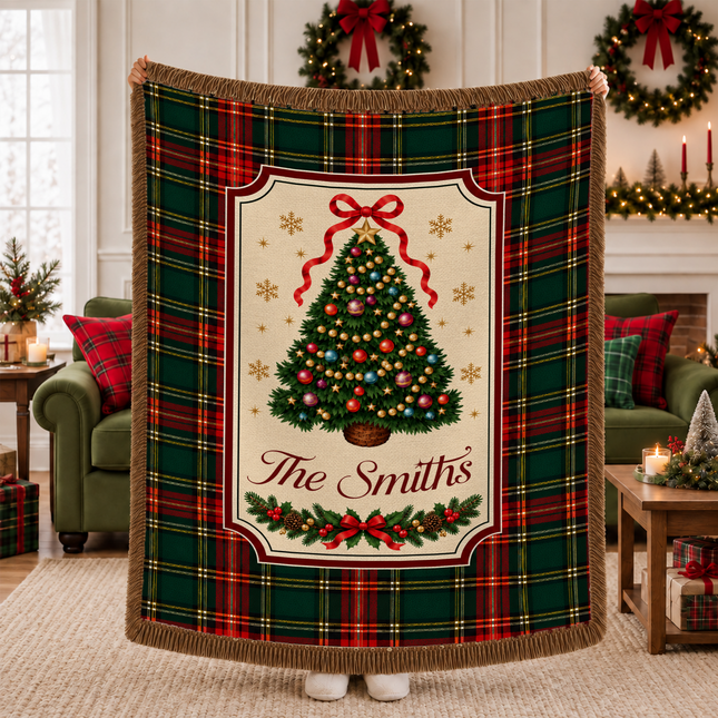 Personalized Christmas Tree Woven Throw Blanket Custom Family Name Tartan Plaid