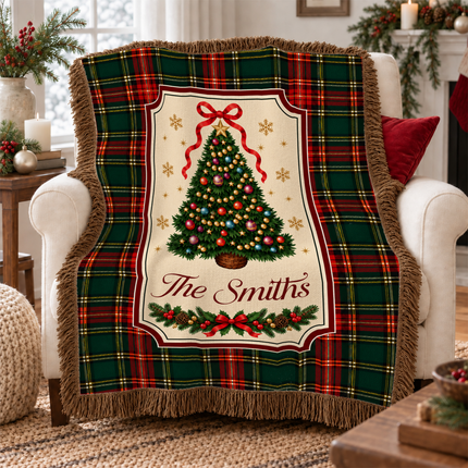 Personalized Christmas Tree Woven Throw Blanket Custom Family Name Tartan Plaid