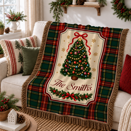 Personalized Christmas Tree Woven Throw Blanket Custom Family Name Tartan Plaid