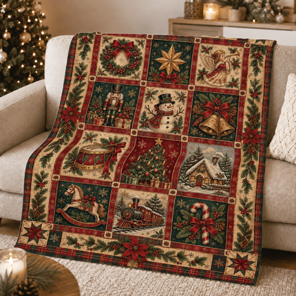 Vintage Christmas Patchwork Fleece Blanket Heartwarming Holiday Memories