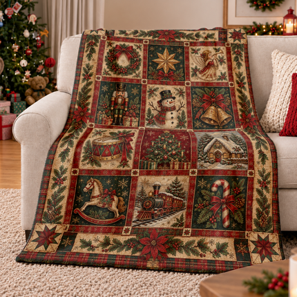 Vintage Christmas Patchwork Fleece Blanket Heartwarming Holiday Memories