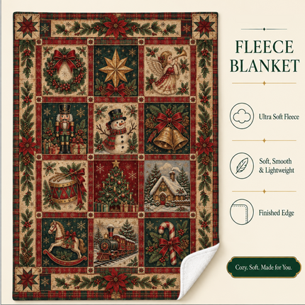 Vintage Christmas Patchwork Fleece Blanket Heartwarming Holiday Memories
