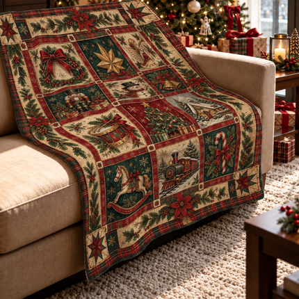 Vintage Christmas Patchwork Fleece Blanket Heartwarming Holiday Memories
