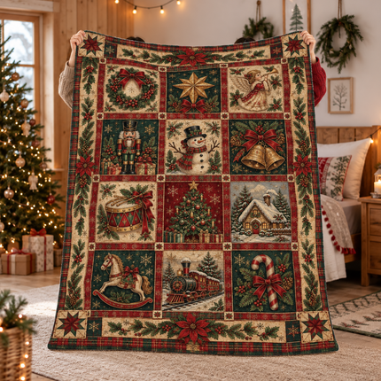 Vintage Christmas Patchwork Fleece Blanket Heartwarming Holiday Memories