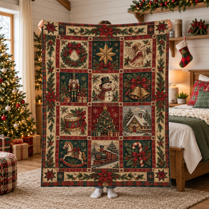 Vintage Christmas Patchwork Fleece Blanket Heartwarming Holiday Memories