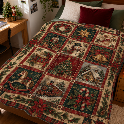 Vintage Christmas Patchwork Fleece Blanket Heartwarming Holiday Memories