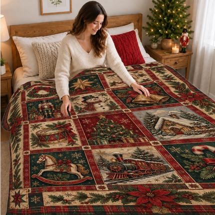 Vintage Christmas Patchwork Fleece Blanket Heartwarming Holiday Memories