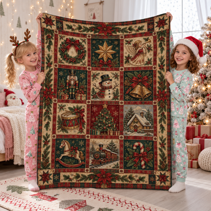 Vintage Christmas Patchwork Fleece Blanket Heartwarming Holiday Memories