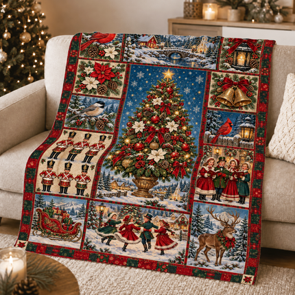 Vintage Christmas Tree Fleece Blanket Winter Village Patchwork