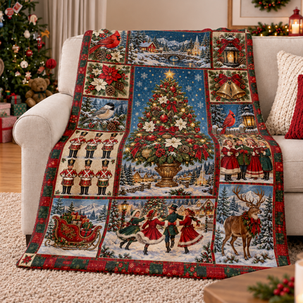 Vintage Christmas Tree Fleece Blanket Winter Village Patchwork