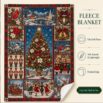 Vintage Christmas Tree Fleece Blanket Winter Village Patchwork