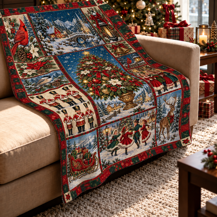 Vintage Christmas Tree Fleece Blanket Winter Village Patchwork