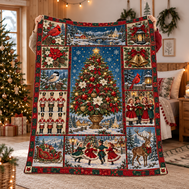 Vintage Christmas Tree Fleece Blanket Winter Village Patchwork
