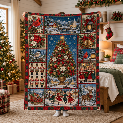 Vintage Christmas Tree Fleece Blanket Winter Village Patchwork