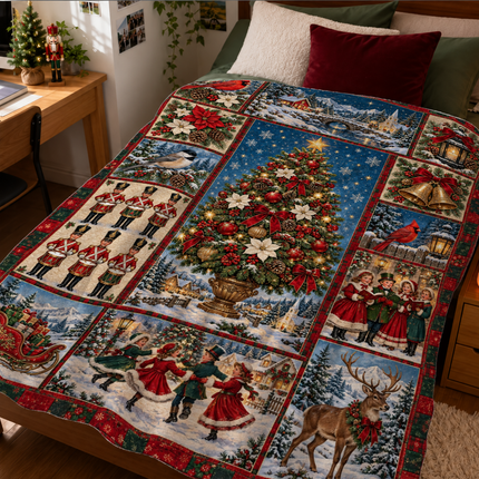 Vintage Christmas Tree Fleece Blanket Winter Village Patchwork