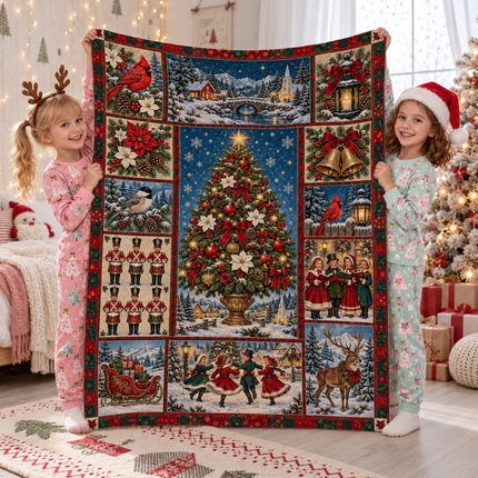 Vintage Christmas Tree Fleece Blanket Winter Village Patchwork