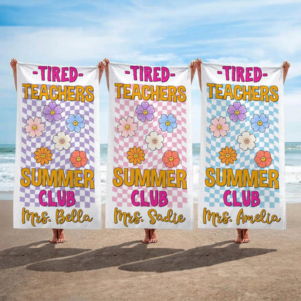 Personalized Tired Teachers Summer Club Checkerboard Retro Flower Teacher Beach Towel