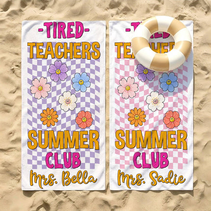 Personalized Tired Teachers Summer Club Checkerboard Retro Flower Teacher Beach Towel