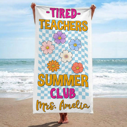 Personalized Tired Teachers Summer Club Checkerboard Retro Flower Teacher Beach Towel