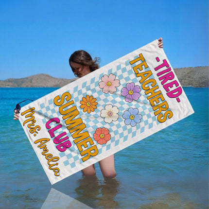 Personalized Tired Teachers Summer Club Checkerboard Retro Flower Teacher Beach Towel