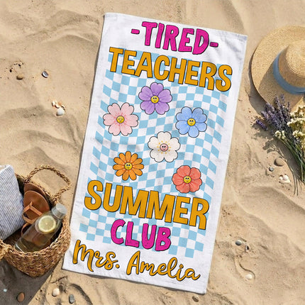 Personalized Tired Teachers Summer Club Checkerboard Retro Flower Teacher Beach Towel