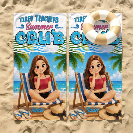 Personalized Tired Teachers Summer Club Cartoon Scene Teacher Beach Towel