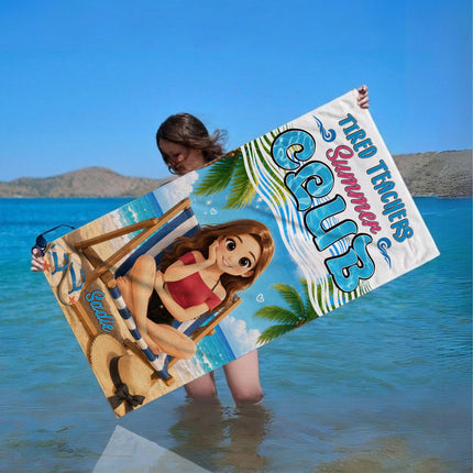 Personalized Tired Teachers Summer Club Cartoon Scene Teacher Beach Towel