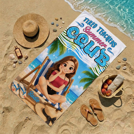 Personalized Tired Teachers Summer Club Cartoon Scene Teacher Beach Towel