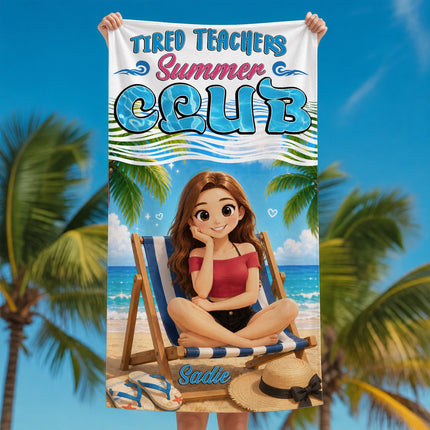 Personalized Tired Teachers Summer Club Cartoon Scene Teacher Beach Towel