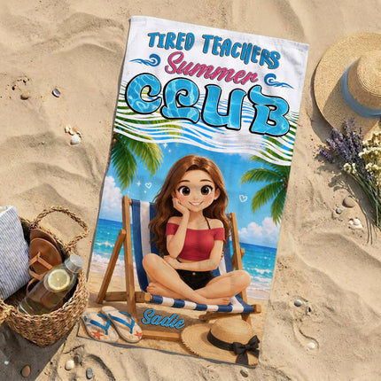 Personalized Tired Teachers Summer Club Cartoon Scene Teacher Beach Towel