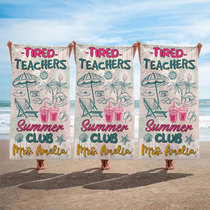 Personalized Tired Teachers Summer Club Floral Patchwork Teacher Beach Towel