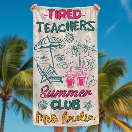Personalized Tired Teachers Summer Club Floral Patchwork Teacher Beach Towel