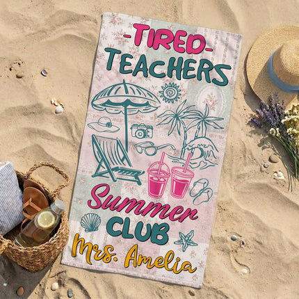 Personalized Tired Teachers Summer Club Floral Patchwork Teacher Beach Towel