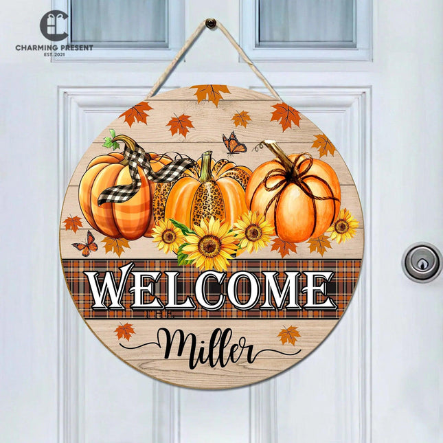 Personalized Fall Front Door Hanger - Family Name Initial Wooden Door Sign - Charming Present
